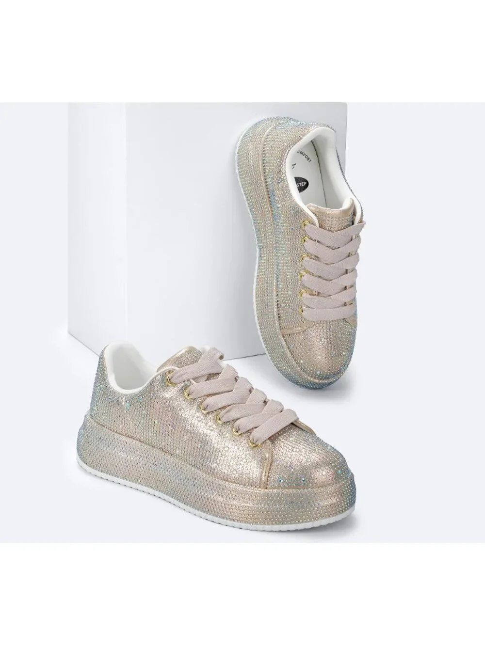 🆕Women's Gold Sparkly Glitter Bling Tennis Rhinestone Platform Sneakers